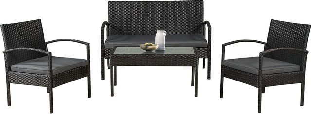 Juskys Polyrattan Gartenmöbel Sitzgruppe Trinidad in Schwarz mit grauen Auflagen für 4 Personen - Bild 1