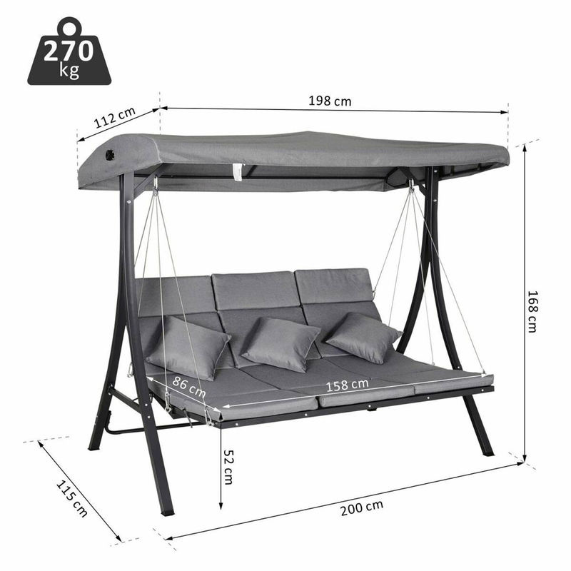 Outsunny Hollywoodschaukel aus Metall in Grau mit Sonnendach und Kissen, B/H/T: 200 x 168 x 115 cm - Bild 5