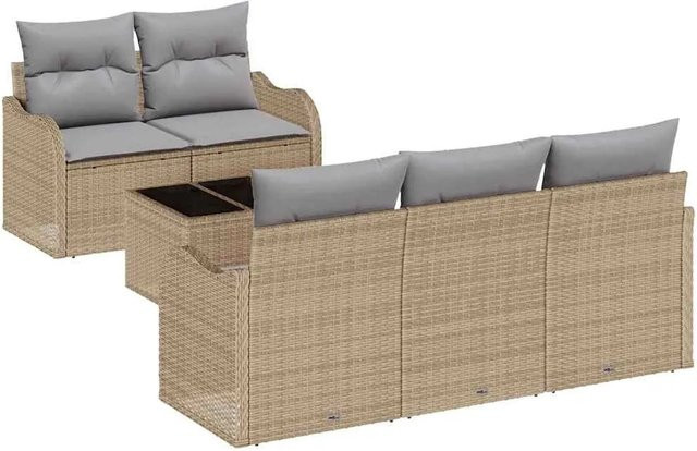 vidaXL Garten-Sofa-Set 6-teilig aus Poly Rattan in Beige mit Polsterung und Tisch - Bild 1