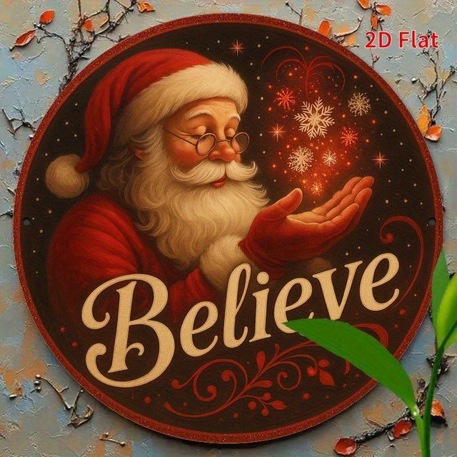 Potdemiel Rundes Weihnachtsmann Wandschild im Retro-Vintage-Stil mit Schneeflocken und Sternen - Bild 1