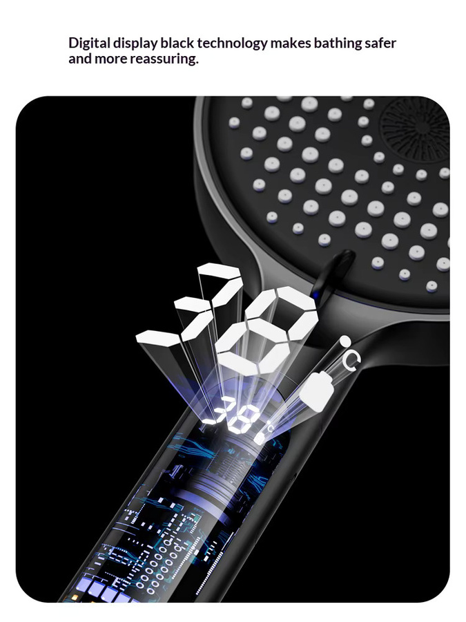 FALANGSHI Digitaler Temperatur-Handbrausekopf in Matt Schwarz mit 4 Wasserauslassmodi und 3D-Massagefunktion - Bild 4