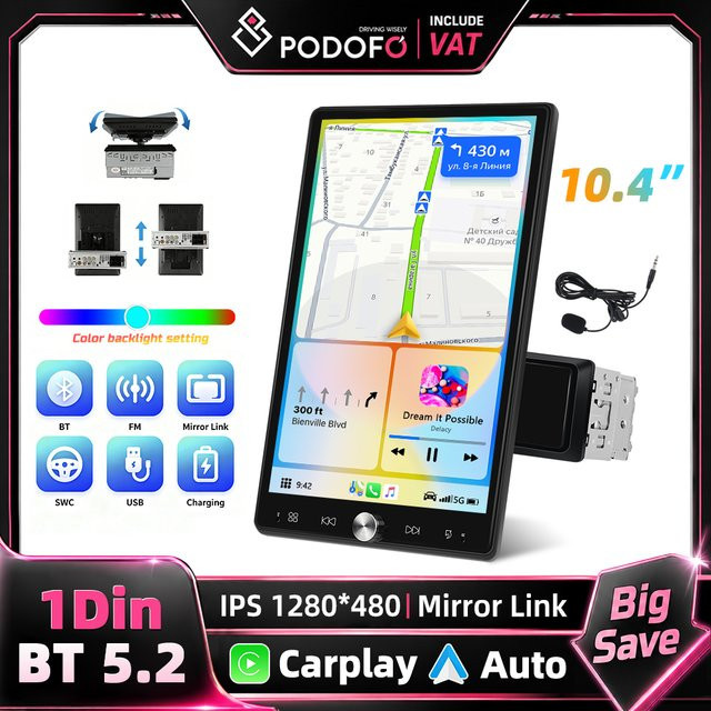 Podofo 1-DIN Autoradio MP5 mit 10,4 Zoll HD-Touchscreen, kabellosem Carplay und Android Auto, Bluetooth und Mirror-Link, Schwarz - Bild 1