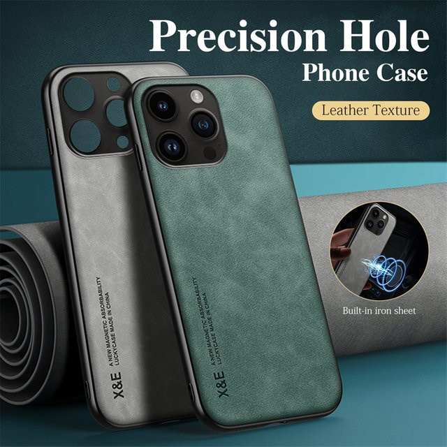 Nephy Lederhülle für iPhone 15 14 16 17 Pro Max Plus mit Metallplatte für die Autohalterung in Grau - Bild 1