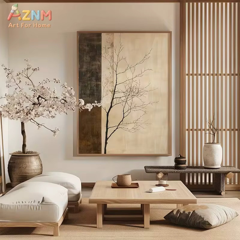 AZNM Abstrakter Baum-Leinwanddruck in Beige und Braun, Minimalistischer Wabi-Sabi Wanddruck als Textildruck ohne Rahmen - Bild 4