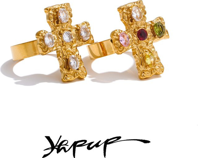 Yhpup Ring Edelstahl, Gold, Zirkonia, Vintage, Unisex - Bild 1