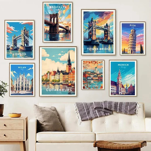 Minimalistisches Leinwandposter Potdemiel Urban Aquarell Wandkunst Tower Bridge New York Gold und Multicolour - Bild 1