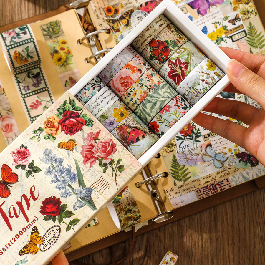 20er Set Washi Tape aus Papier mit Vintage-Motiven wie Pflanzen, Schmetterlingen und Blumen in Multicolour für DIY-Dekorationen und Planer - Bild 3