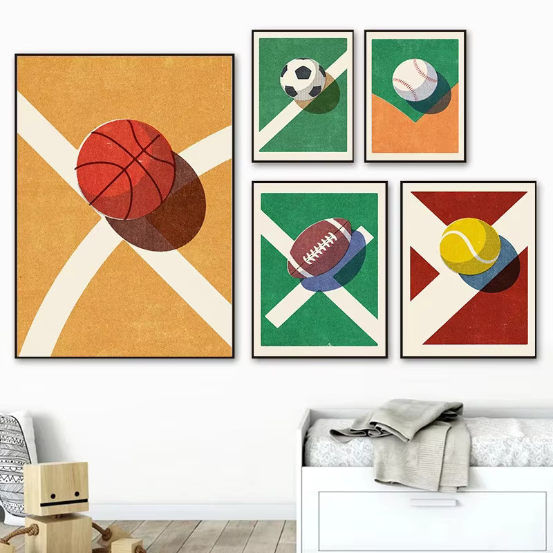 Potdemiel Vintage Sport Wandkunst Leinwand mit Volleyball, Basketball, Fußball und Billard für dein Kinderzimmer oder Home Decor in Multicolour - Bild 2