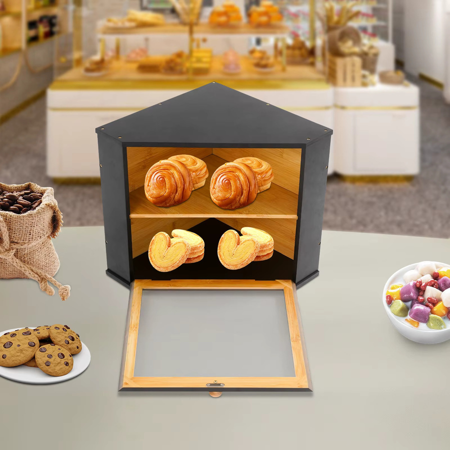 Bymaocar 2-stufiger Bambus-Brotkasten mit transparentem Fenster in Braun, dreieckige Brot-Aufbewahrungsbox für die Küchenarbeitsplatte, B/T/H: 32 x 32 x 34 cm - Bild 2