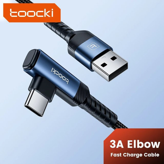 Toocki USB-A auf USB-C Ladekabel mit 90-Grad-Winkel in Blau für schnelles Aufladen von iPhone 15, Samsung S22, Huawei, Xiaomi und Honor - Bild 1
