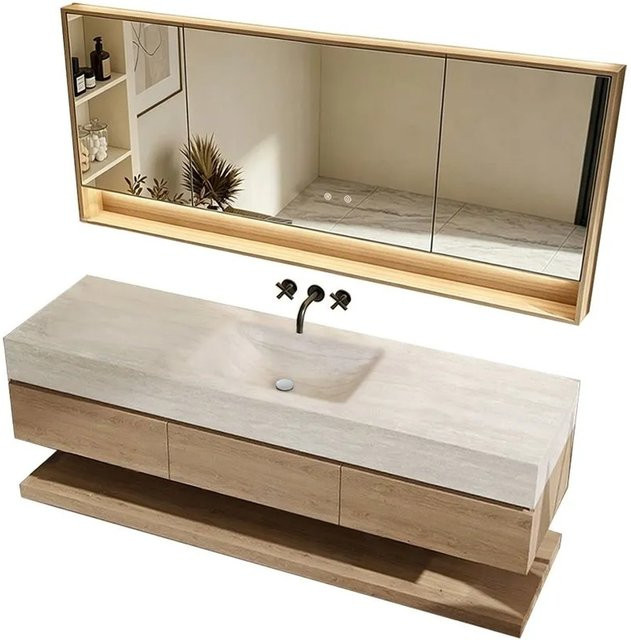 360Home Wandhängendes Badmöbel Set mit Sinterstein Waschbecken und Spiegelschrank in Beige, Breite: 110 cm, Tiefe: 55 cm - Bild 1