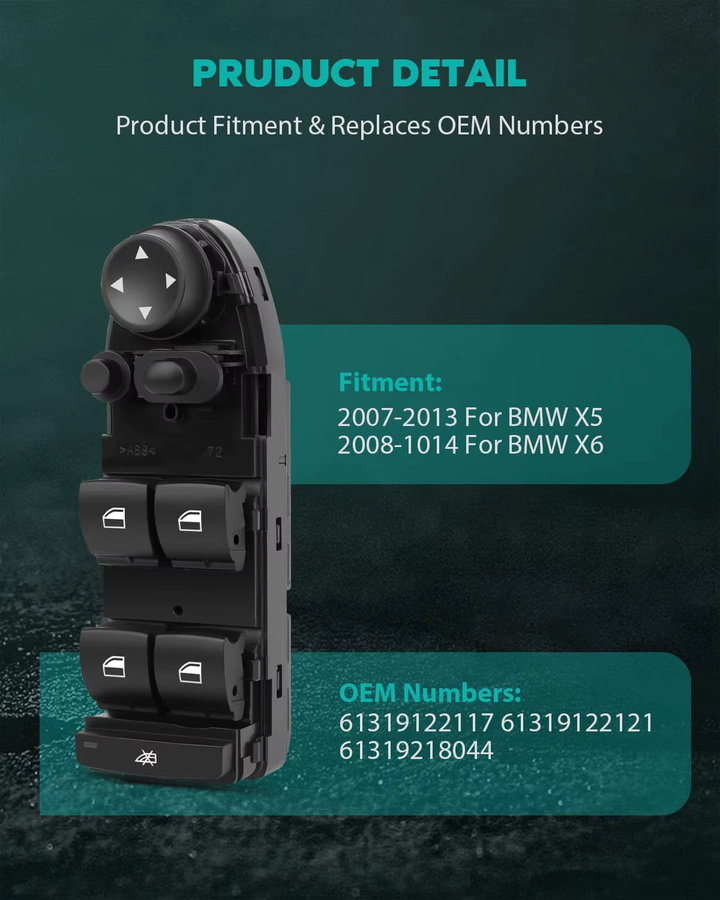 Elektrischer Fensterheberschalter für BMW X5 E70 und X6 E71 E72, Fahrerseite Vorne Links, Schwarz - Bild 3