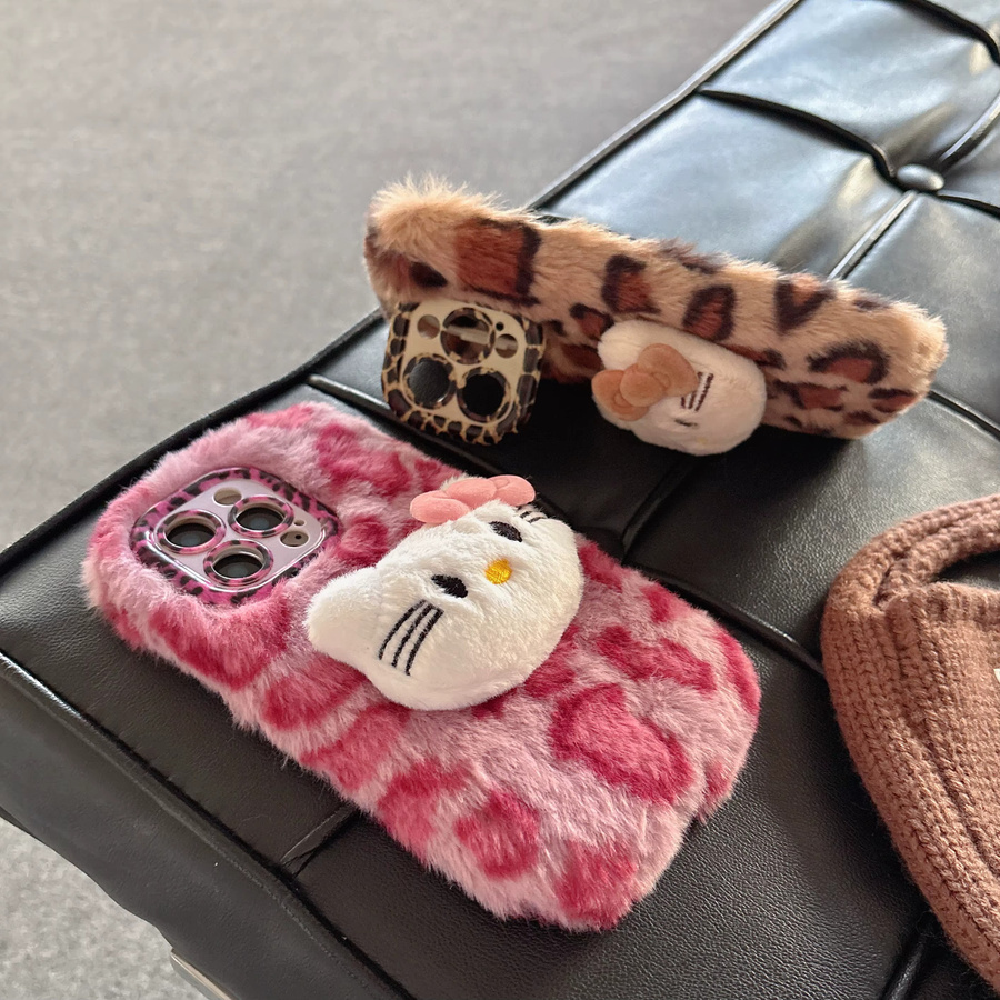 Sanrio Hello Kitty Handyhülle mit Leopardenmuster und Plüsch in Pink für iPhone 11 bis iPhone 17 Pro Max - Bild 2