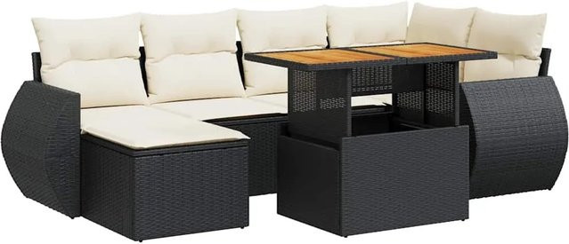vidaXL 7-teilige Garten-Sofagarnitur aus Poly-Rattan und Akazienholz in Schwarz-Creme mit Kissen - Bild 1