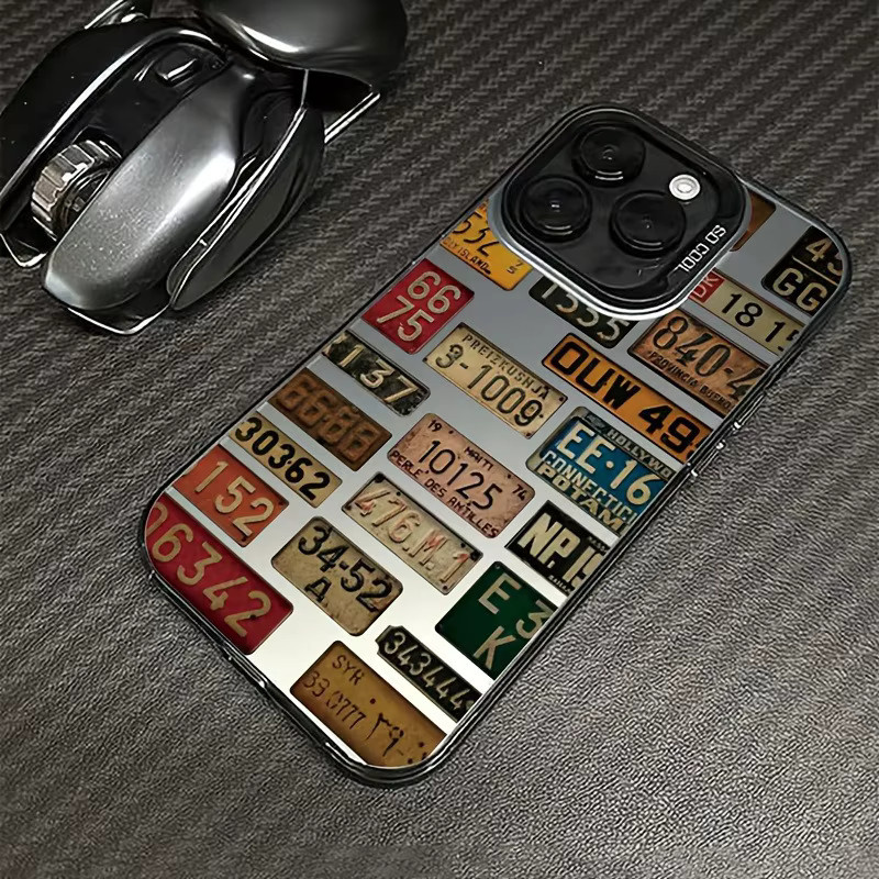 Galvanisierte TPU-Handyhülle mit Vintage-Kennzeichenmuster für Apple iPhone, Schwarz/Mehrfarbig - Bild 2