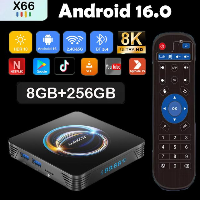 Android 16 Smart TV Box X66 Media Player mit 8 GB RAM und 256 GB Speicher, Rockchip RK3528, 8K Video, Bluetooth 5.4 und Google Assistant, Schwarz - Bild 1