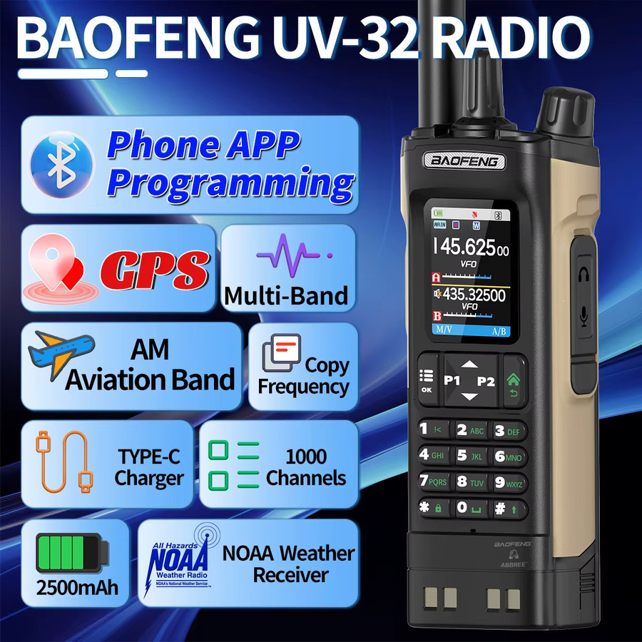 Baofeng UV-32 GPS Air Band Walkie Talkie mit Bluetooth und 10W Multi Band Funkgerät in Schwarz - Bild 2