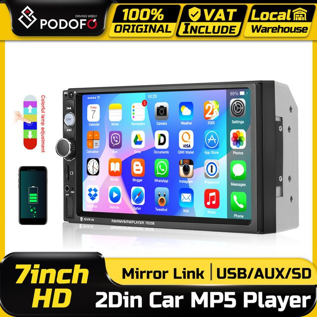 Podofo 2 DIN Auto-MP5-Player mit 7 Zoll Display, 1080P Mirror Link, Bluetooth und farbiger Hintergrundbeleuchtung in Schwarz - Bild 1