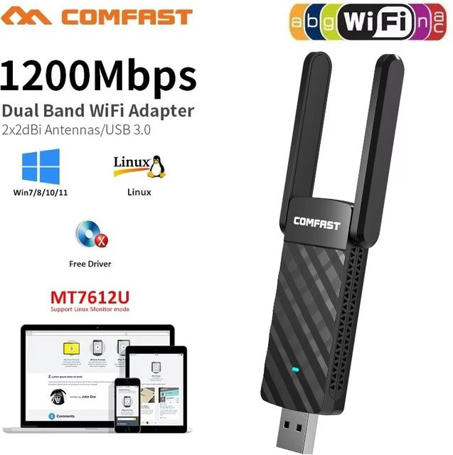 COMFAST 1200M MT7612U USB WiFi Dual Band 5G/2,4G WLAN Adapter mit Antenne in Schwarz für Windows und Linux - Bild 1