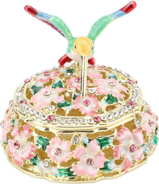 Neoglint Runde Emaillierte Schmuckdose mit Kolibri- und Blumenmuster in Rosa und Multicolour im Vintage-Stil aus Metall - Bild 1