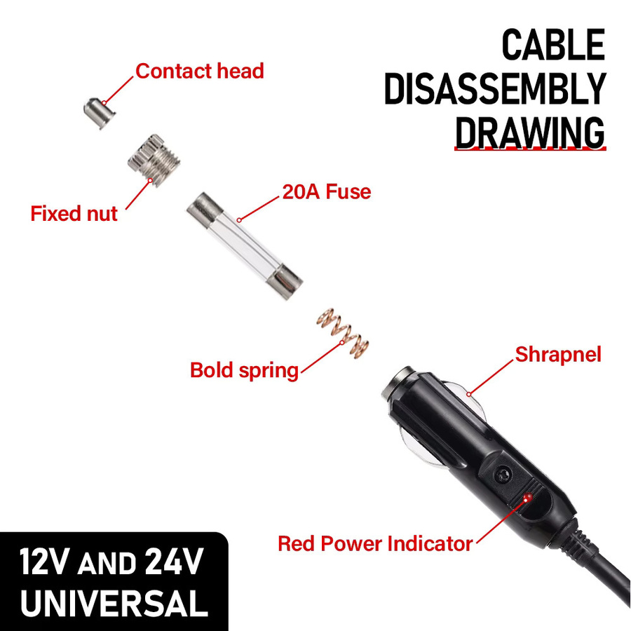 Universal Auto Zigarettenanzünder Splitter mit Ein-Aus-Schalter, 12/24V 20A, 150 cm Kabellänge, Schwarz - Bild 1