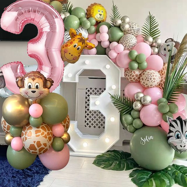 31-teiliges Wildtier-Ballon-Set für deine Wild One Geburtstagsparty in Rosa mit Zahlenfolienballons und Tierprint-Dekoration - Bild 1