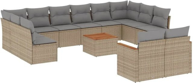 vidaXL 13-teilige Garten-Sofagarnitur aus Polyrattan und Akazienholz in Beige mit UV-beständigen Kissen - Bild 1
