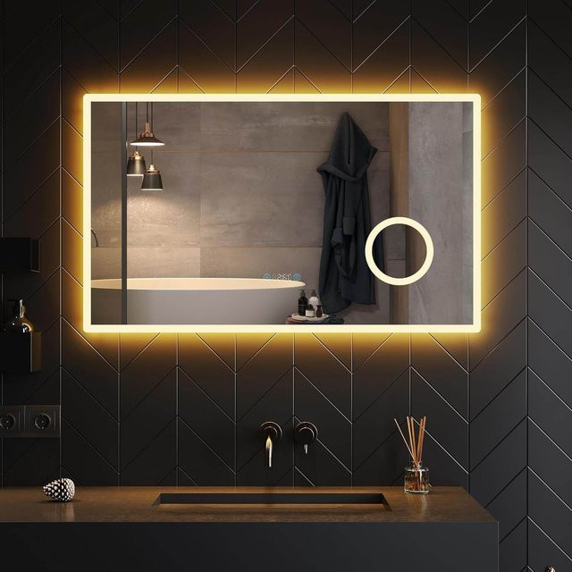 SONNI Badezimmerspiegel mit LED-Beleuchtung in Weiß, Anti-Beschlag, Touchschalter, Uhr und Temperaturanzeige, inklusive 3-Fach Vergrößerung, Breite: 60 cm - Bild 1