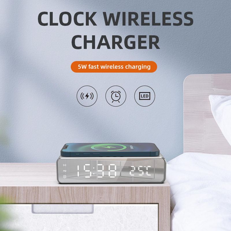 Tooarts Digitaler Wecker mit kabelloser Aufladung und Temperaturanzeige, minimalistisches Design aus Metall in Schwarz und Silber - Bild 6