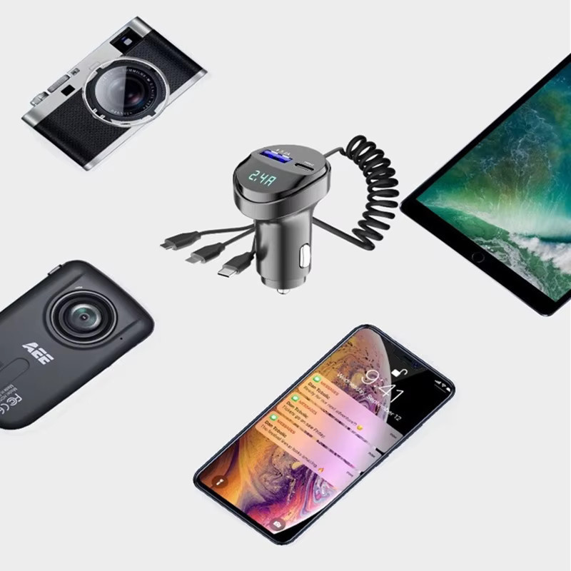 2-Port-USB-Schnellladegerät mit 3,1 A Ausgang, Spannungsanzeige und 3-in-1 einziehbarem Kabel für Fahrzeuge in Schwarz - Bild 2