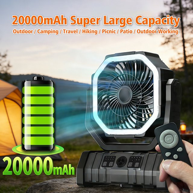 JFBONIN Campingventilator Schwarz mit 20000mAh Akku, Fernbedienung und 270 Grad verstellbarem Kopf, Tragbarer USB-Luftzirkulator für den Tisch - Bild 1