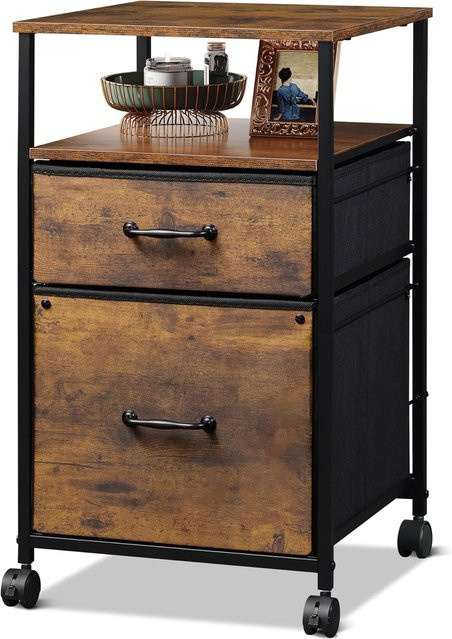 DEVAISE mobiler Bürocontainer in Industrial Design mit zwei textilbezogenen Schubladen und offenem Fach, Farbe: Braun, B/T/H: 39,0 x 40,0 x 67,5 cm - Bild 1