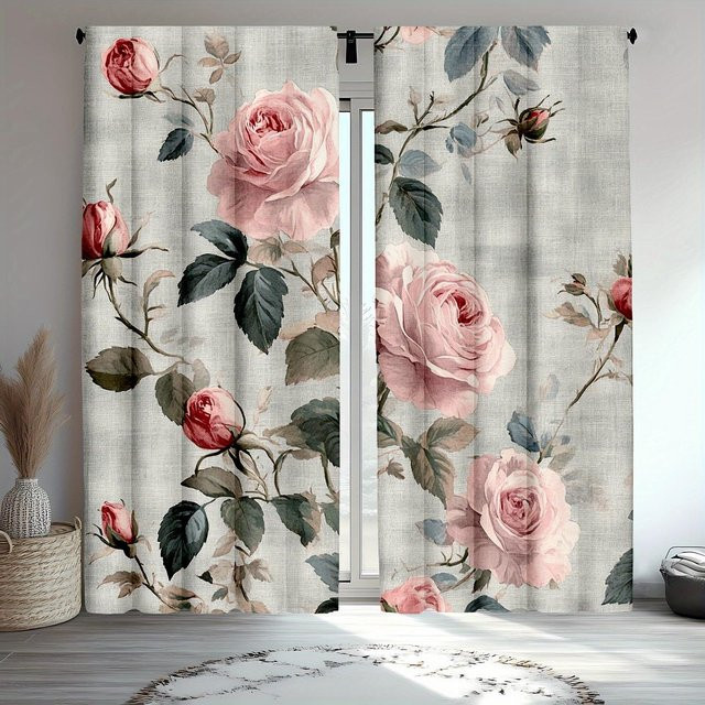 Rosenblumen Vorhang Set mit rustikalem Aquarell Blumenpflanzen Design für Wohnzimmer und Schlafzimmer aus Polyester, B: 100 cm, H: 70 cm - Bild 1