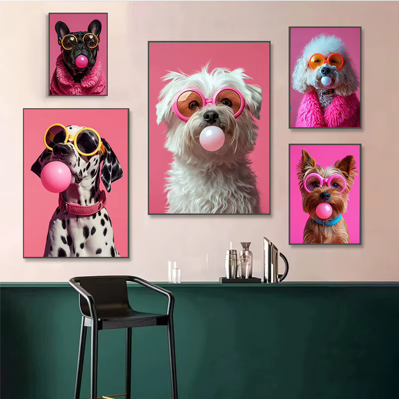 Potdemiel Leinwand Wandkunst mit bunten Hunden in Sonnenbrillen und Kaugummi als modernes Poster für dein Zuhause - Bild 2