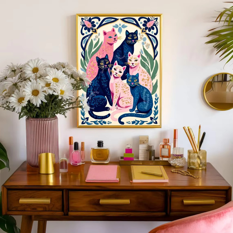 Moderner Katzen-Kunstdruck von SHENCHEN in Pink, Blau und Multicolour als rechteckiges Wandposter aus Papier - Bild 4