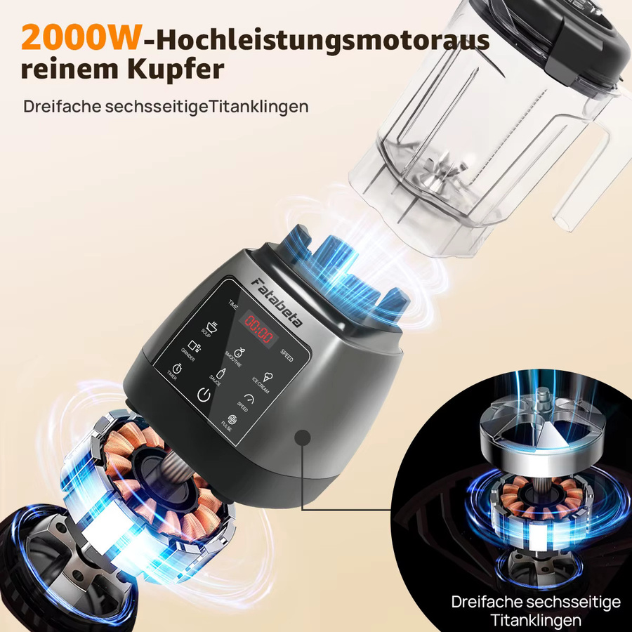 Fatabeta Hochleistungs-Standmixer mit 2000W, Timer und 2L Behälter in Schwarz - Bild 4