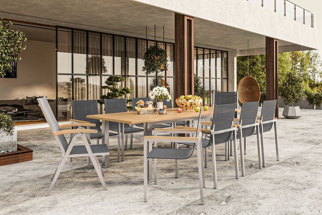 OUTFLEXX Garten-Essgruppe aus Teakholz und Edelstahl in Schwarz mit Ausziehtisch, 8 Stapelstühlen und 2 Klappstühlen, B/T: 200/300 x 100 cm - Bild 1