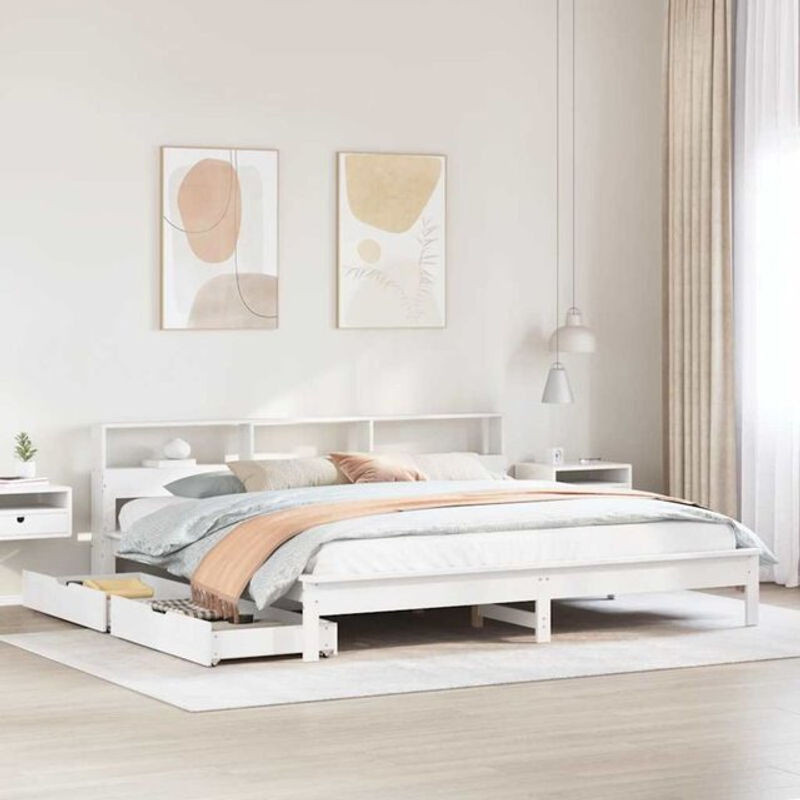 Massivholzbett aus Kiefer mit Regal in Weiß von Vidaxl, B/T/H: 200 x 200 x 78 cm - Bild 1