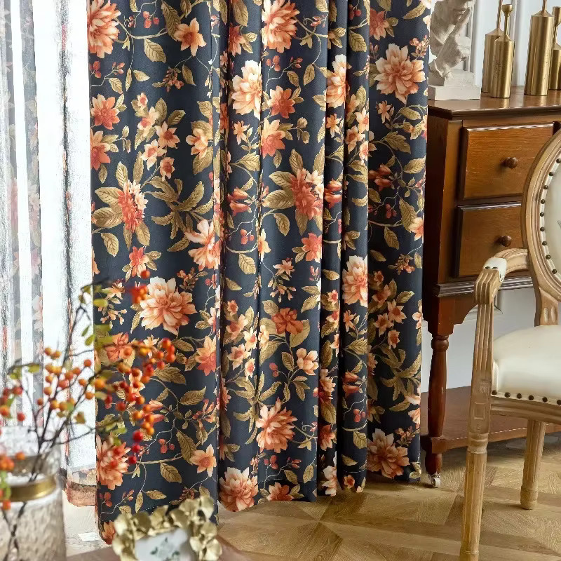 ZJBYZHOUSEHOLD Vorhang mit Blumenmuster im Retro-Stil aus Baumwolle und Leinen, Blau, semi-transparent - Bild 2