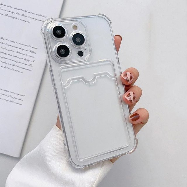 Stoßfeste Silikon Handyhülle mit Kartenfach von Happyday für iPhone 16 15 14 13 12 11 Pro Max Air in Transparent - Bild 1