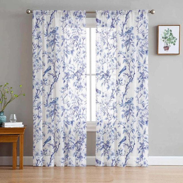 Yiran Furniture Landhausstil Gardine Robin mit Blättermuster, weißer Tüll-Vorhang aus Organza, B: 135 cm, H: 115 cm - Bild 1