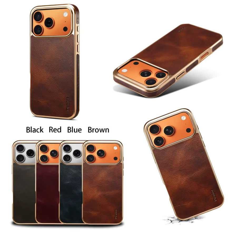Apple Premium-Lederhülle für iPhone 17 16 15 14 13 Pro Max aus gewachstem Vollnarbenleder mit Metallrahmen in Schwarz - Bild 4