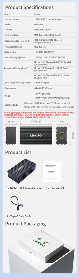 Lekuo USB-C zu 10GbE RJ45 Netzwerkadapter, USB 3.2 Gen2x2 Ethernet Dongle für MacBook und PC, Schwarz - Bild 3