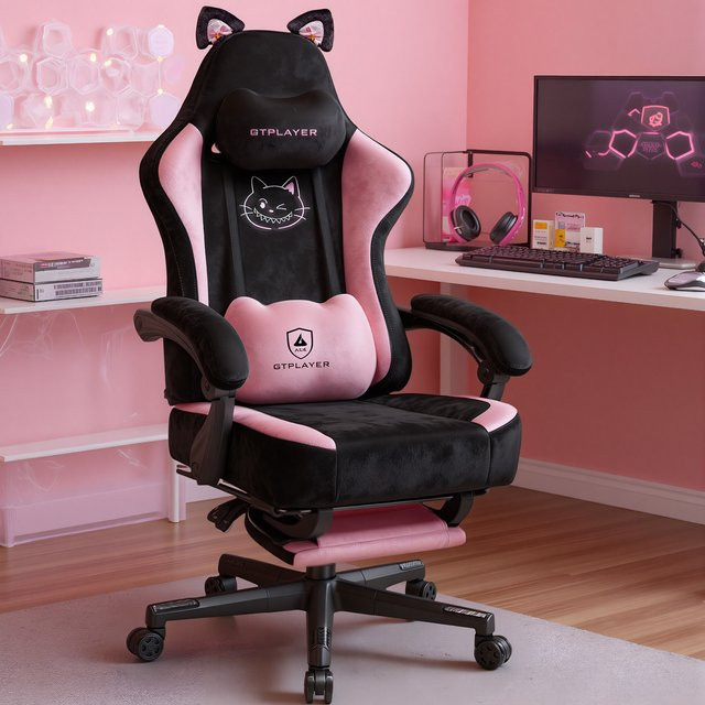 GTPLAYER Gaming Stuhl mit Katzenohren in Rosa aus Samtstoff, ergonomischer Bürostuhl für Home Office und Gaming mit Armlehnen und Kopfstütze, Belastbarkeit bis 150 kg - Bild 1