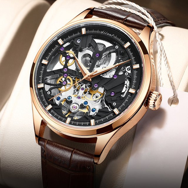 Ailang Armbanduhr Automatik, Edelstahl, Roségold, Leder, Herren - Bild 1