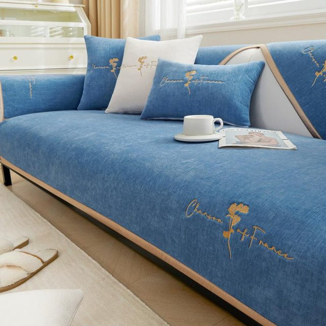 Luxus Chenille Sofabezug Four Seasons General Light mit Stickerei, rutschfester Plüschkissenbezug in Blau, Breite: 70 cm, Höhe: 70 cm - Bild 1