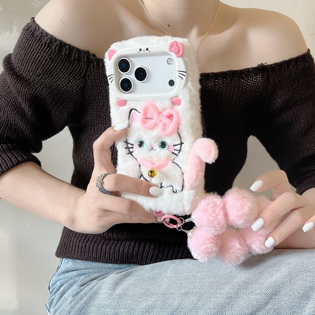 ZHUOHUAN Flauschige Plüsch Handyhülle mit Glocke und Handgelenk-Strap für iPhone 17 16 15 14 13 12 11 Pro Max Plus - Bild 1