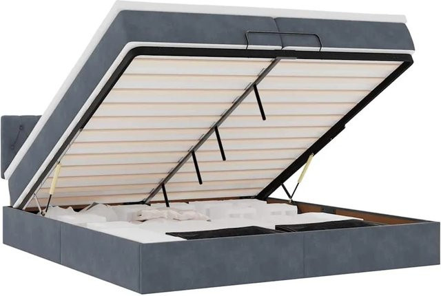 vidaXL Ottoman-Bett mit Matratzen aus Samt in Dunkelgrau mit LED-Beleuchtung und USB-Ladeport, B/T/H: 200 x 200 x 78 cm - Bild 1