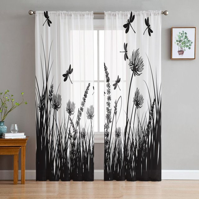 Transparenter Chiffon-Fenstervorhang mit Aquarell-Blumen und Libellen in Weiß, Breite: 100 cm, Höhe: 250 cm - Bild 1
