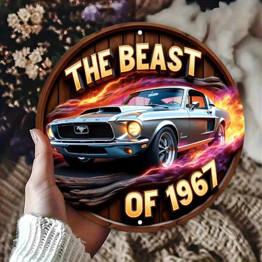 CIFBUY Metall-Wandkunst-Schild Retro 1967 Beast Muscle Car in Blau und Multicolour, Durchmesser: 20 cm - Bild 4